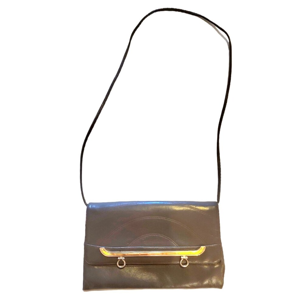 Vintage Lou Taylor Gray Clutch Purse With Pop Out Mirror And Gold Accents